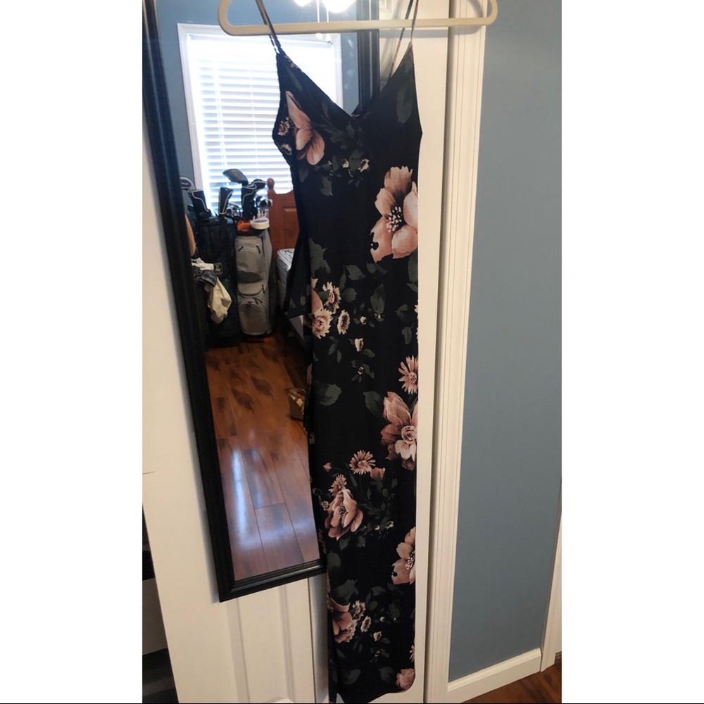 Floral fitted open back floor length dress